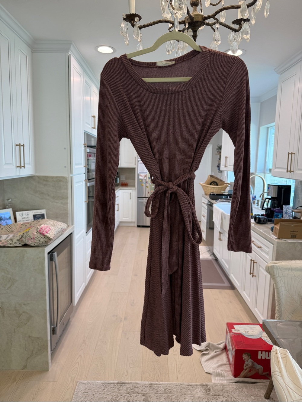Hello MIZ Long Sleeve Ribbed Tie-Waist Dress in Mauve
